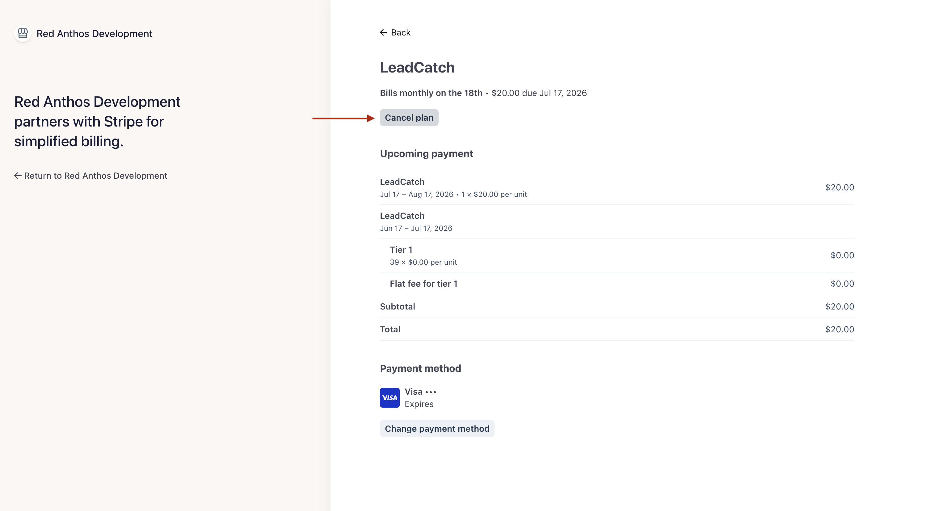 The LeadCatch subscription detail in the Stripe billing portal, with a Cancel plan button